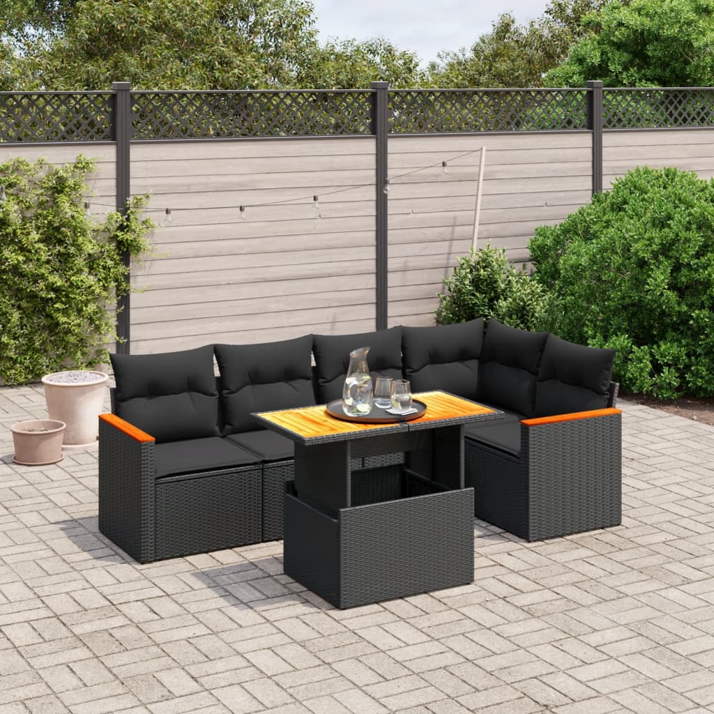 6-tlg. Garten-Sofagarnitur mit Kissen Schwarz Poly Rattan