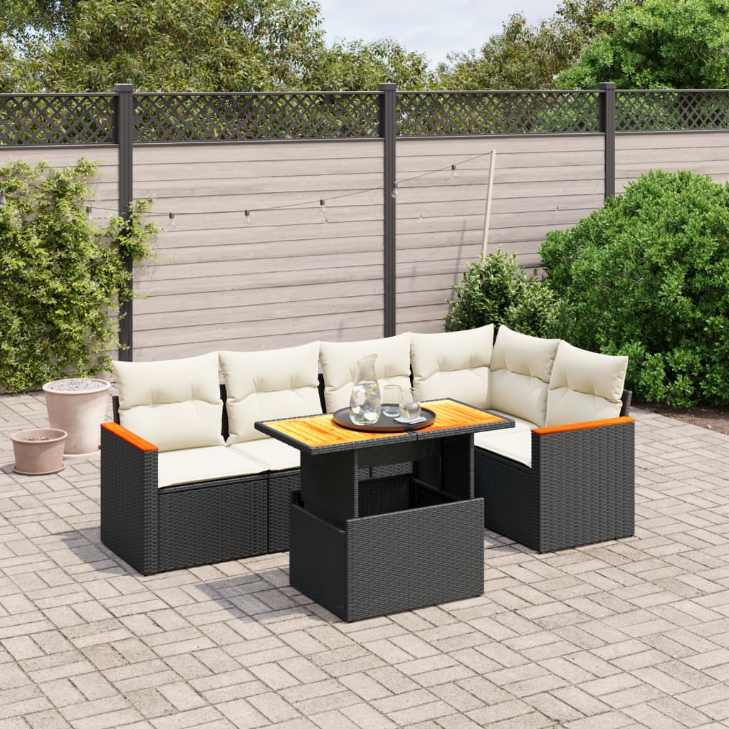 6-tlg. Garten-Sofagarnitur mit Kissen Schwarz Poly Rattan