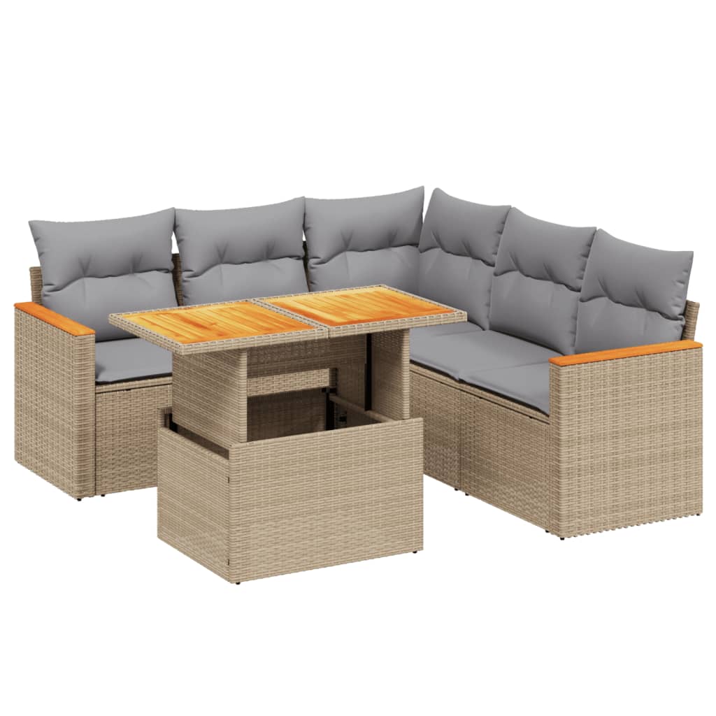 6-tlg. Garten-Sofagarnitur mit Kissen Beige Poly Rattan