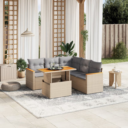 6-tlg. Garten-Sofagarnitur mit Kissen Beige Poly Rattan