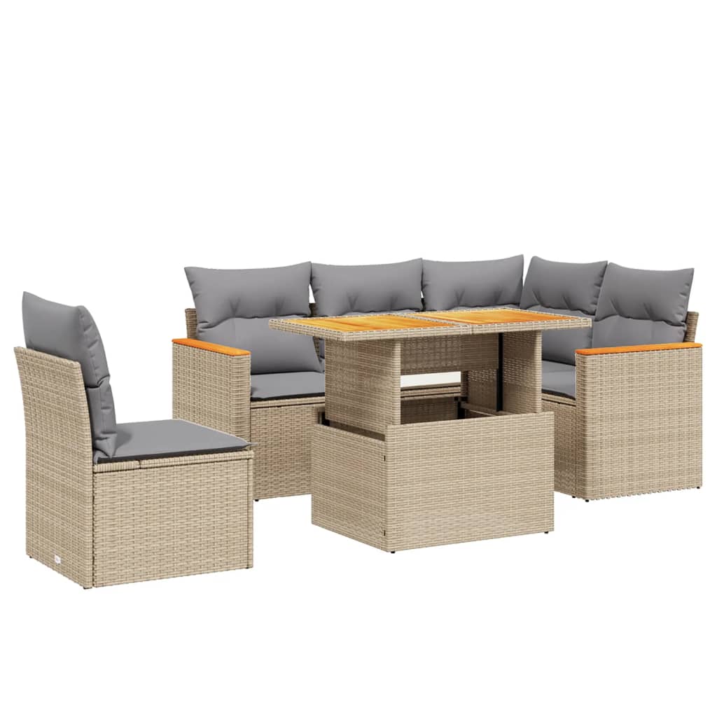 6-tlg. Garten-Sofagarnitur mit Kissen Beige Poly Rattan