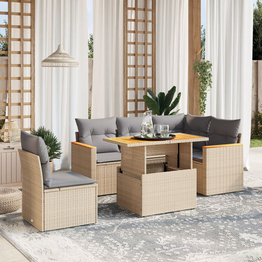 6-tlg. Garten-Sofagarnitur mit Kissen Beige Poly Rattan