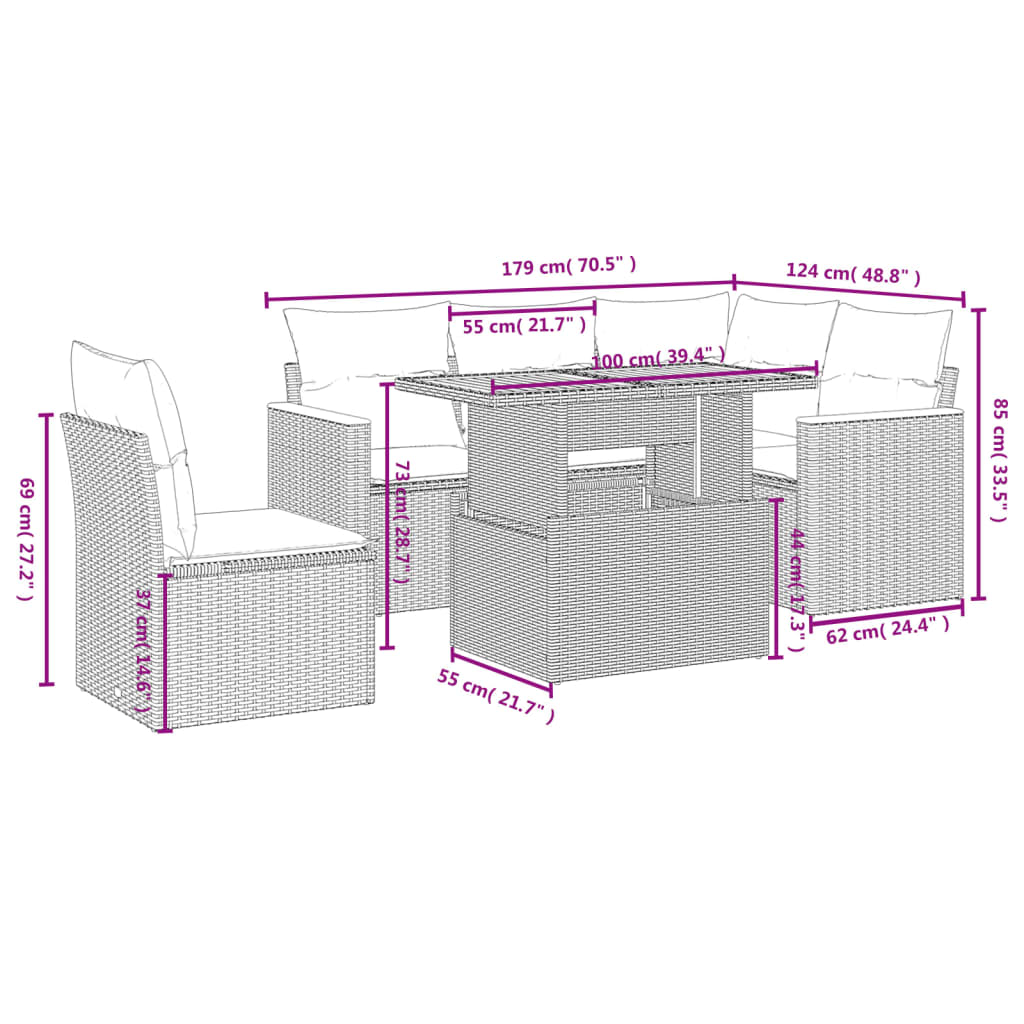 6-tlg. Garten-Sofagarnitur mit Kissen Grau Poly Rattan