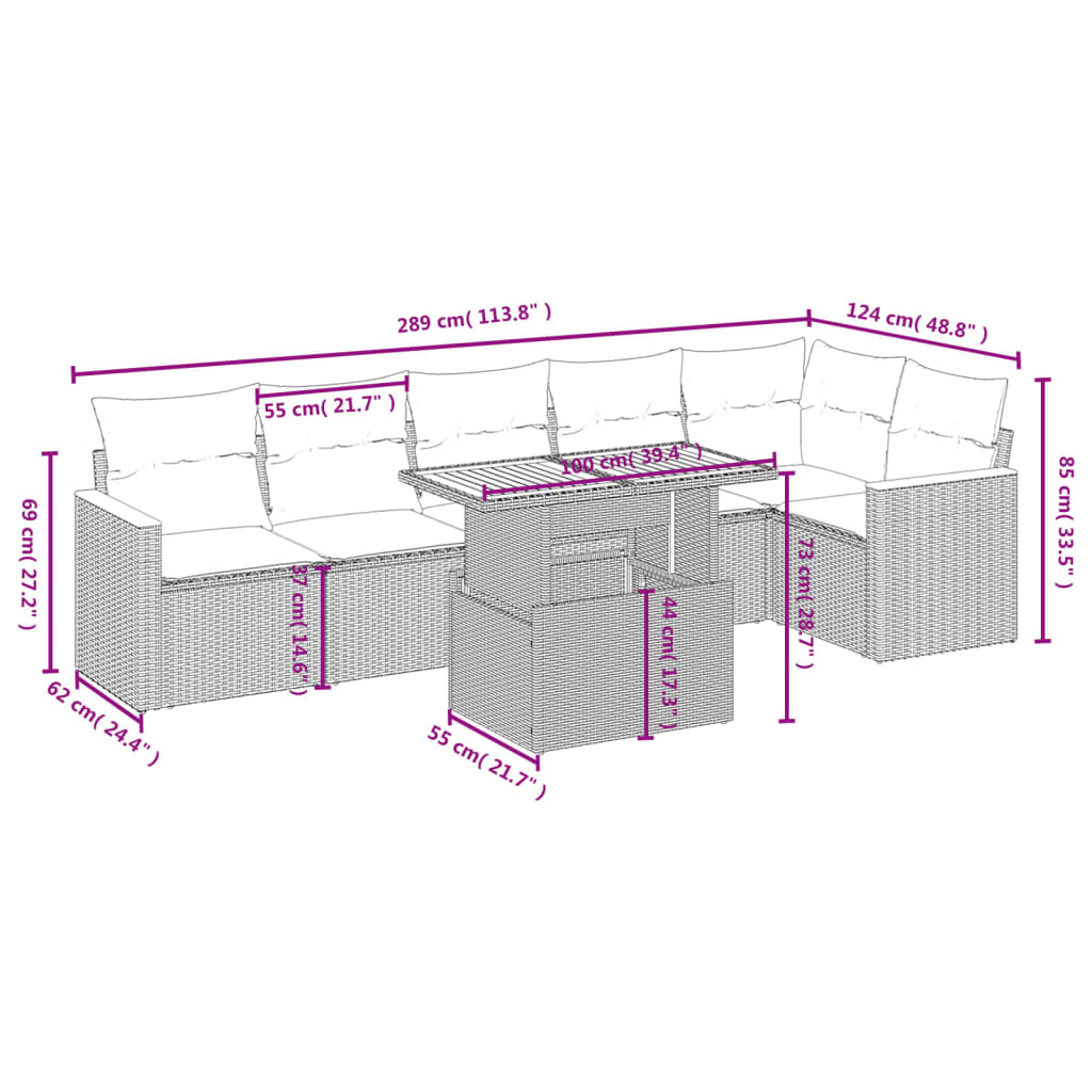 7-tlg. Garten-Sofagarnitur mit Kissen Schwarz Poly Rattan