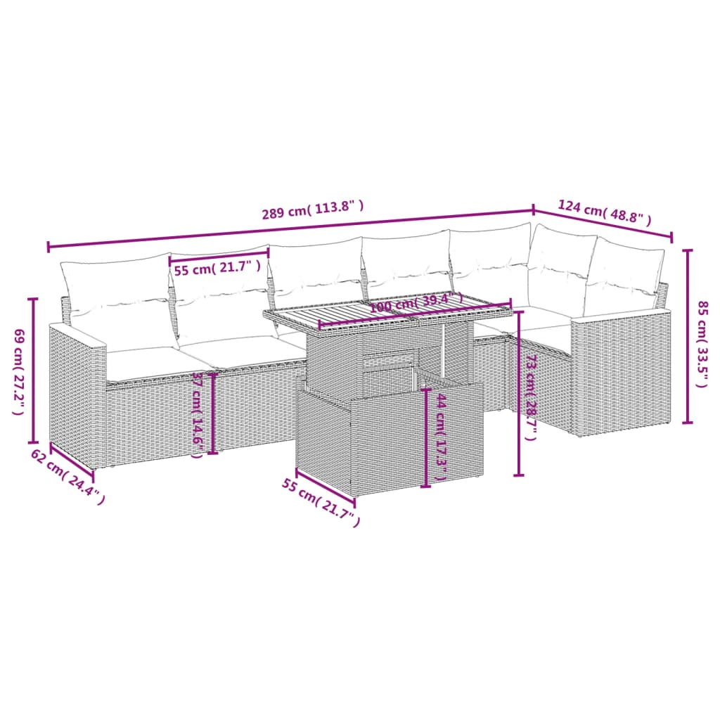 7-tlg. Garten-Sofagarnitur mit Kissen Beige Poly Rattan