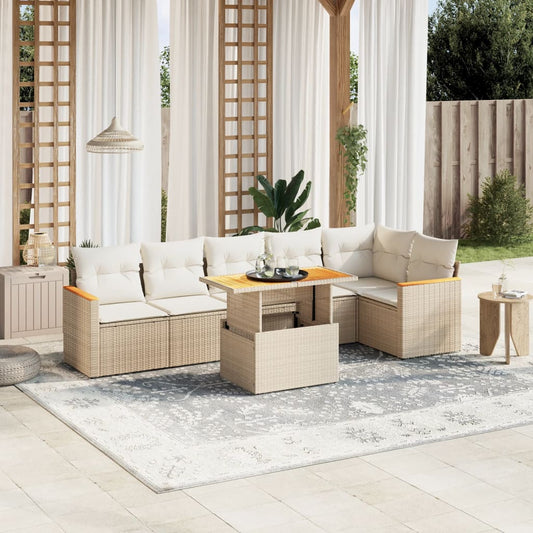 7-tlg. Garten-Sofagarnitur mit Kissen Beige Poly Rattan