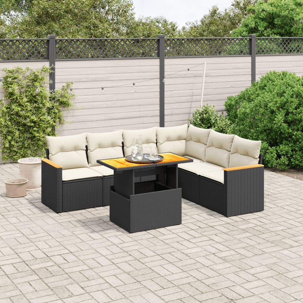 7-tlg. Garten-Sofagarnitur mit Kissen Schwarz Poly Rattan