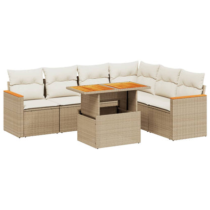 7-tlg. Garten-Sofagarnitur mit Kissen Beige Poly Rattan