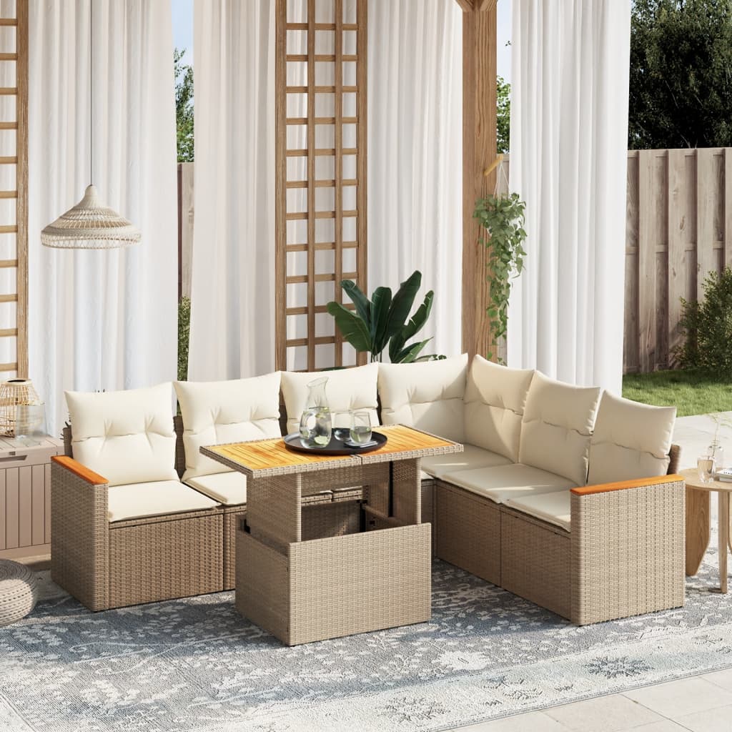 7-tlg. Garten-Sofagarnitur mit Kissen Beige Poly Rattan