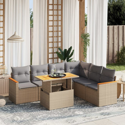 7-tlg. Garten-Sofagarnitur mit Kissen Beige Poly Rattan