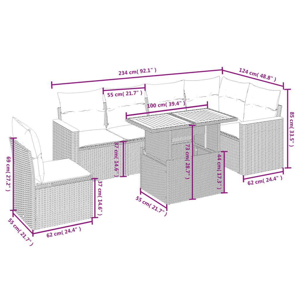 7-tlg. Garten-Sofagarnitur mit Kissen Beige Poly Rattan