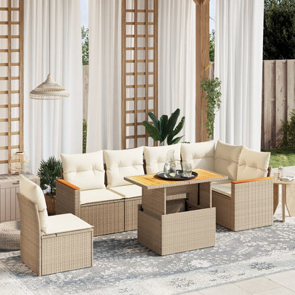 7-tlg. Garten-Sofagarnitur mit Kissen Beige Poly Rattan