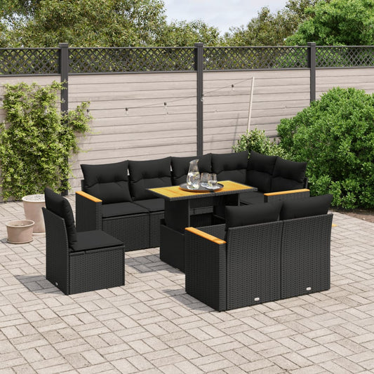 9-tlg. Garten-Sofagarnitur mit Kissen Schwarz Poly Rattan