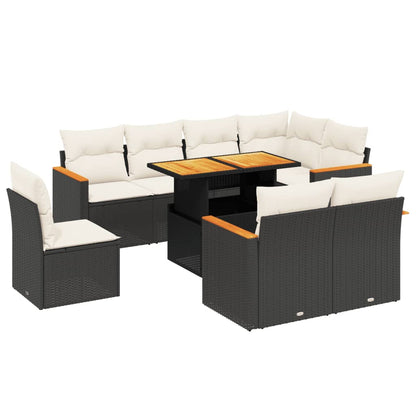 9-tlg. Garten-Sofagarnitur mit Kissen Schwarz Poly Rattan