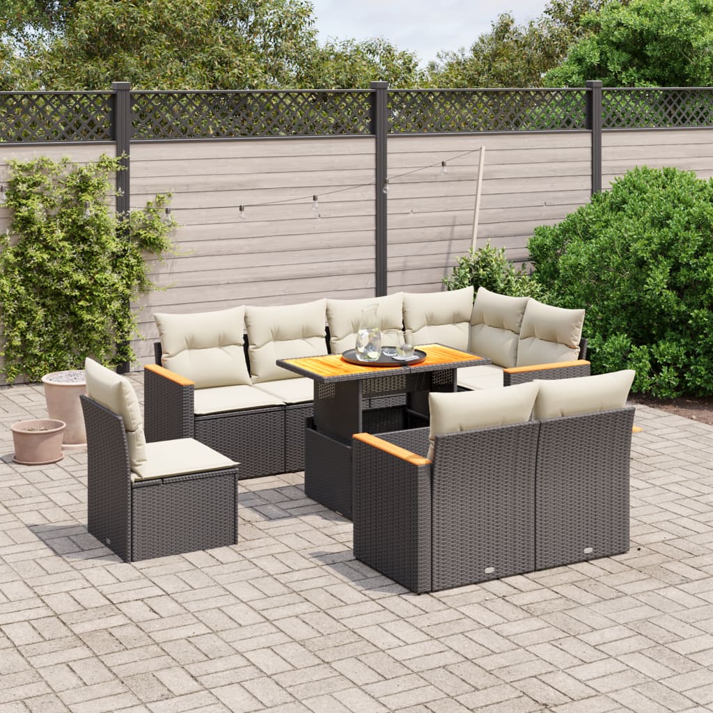 9-tlg. Garten-Sofagarnitur mit Kissen Schwarz Poly Rattan