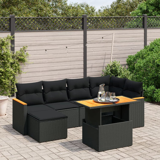 7-tlg. Garten-Sofagarnitur mit Kissen Schwarz Poly Rattan