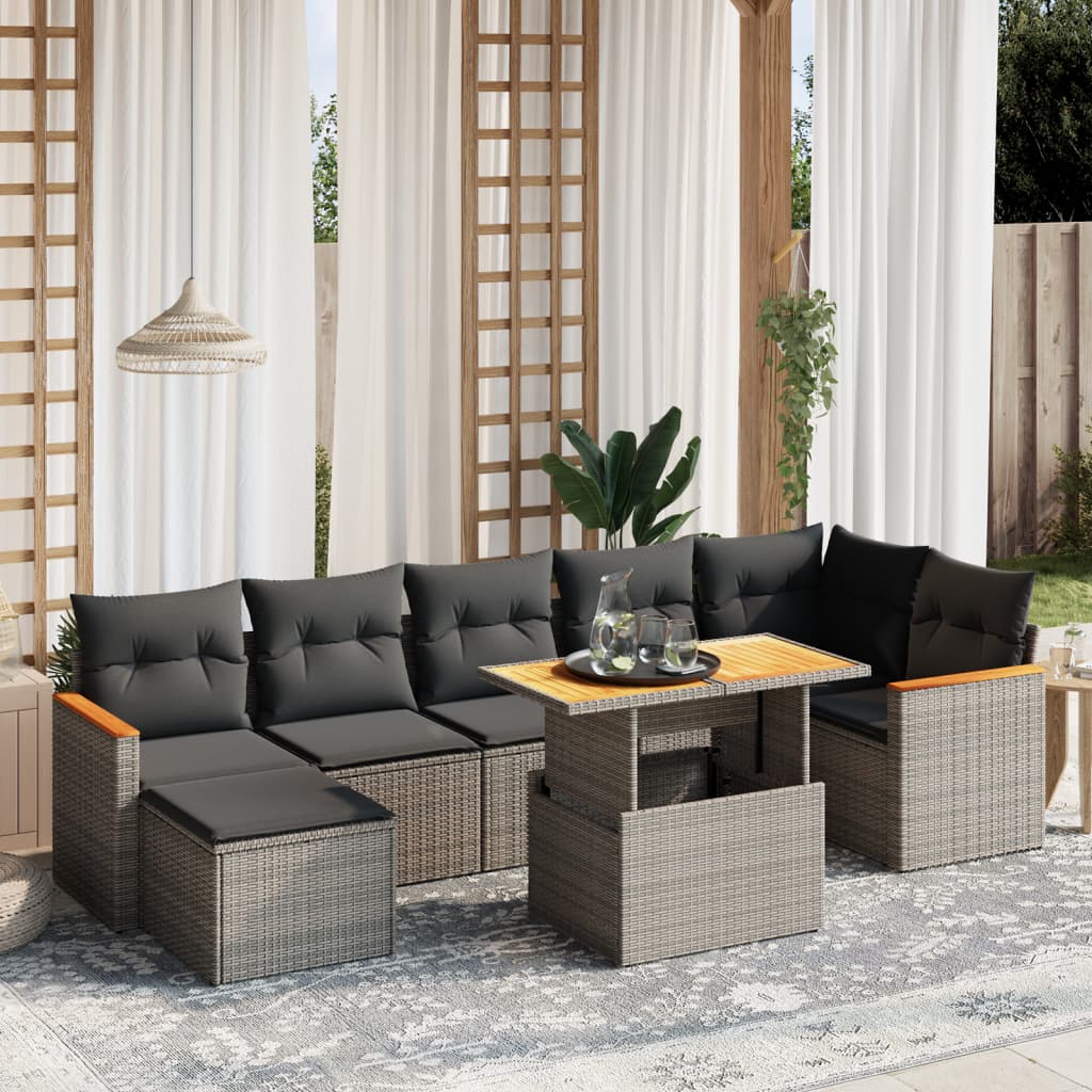 8-tlg. Garten-Sofagarnitur mit Kissen Grau Poly Rattan