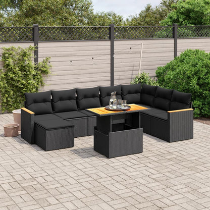 9-tlg. Garten-Sofagarnitur mit Kissen Schwarz Poly Rattan