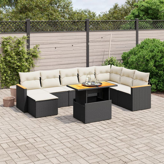 9-tlg. Garten-Sofagarnitur mit Kissen Schwarz Poly Rattan