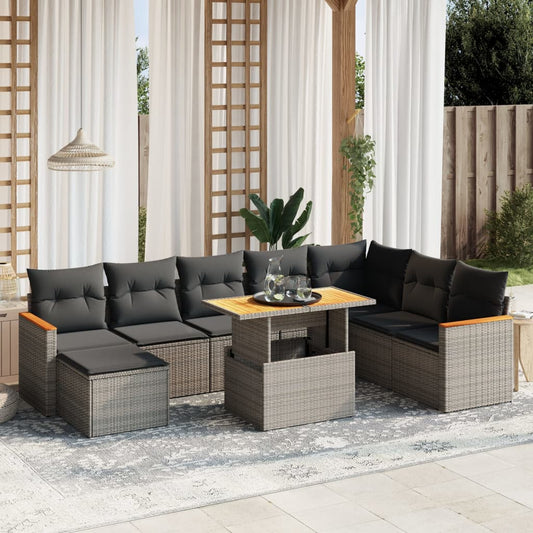 9-tlg. Garten-Sofagarnitur mit Kissen Grau Poly Rattan