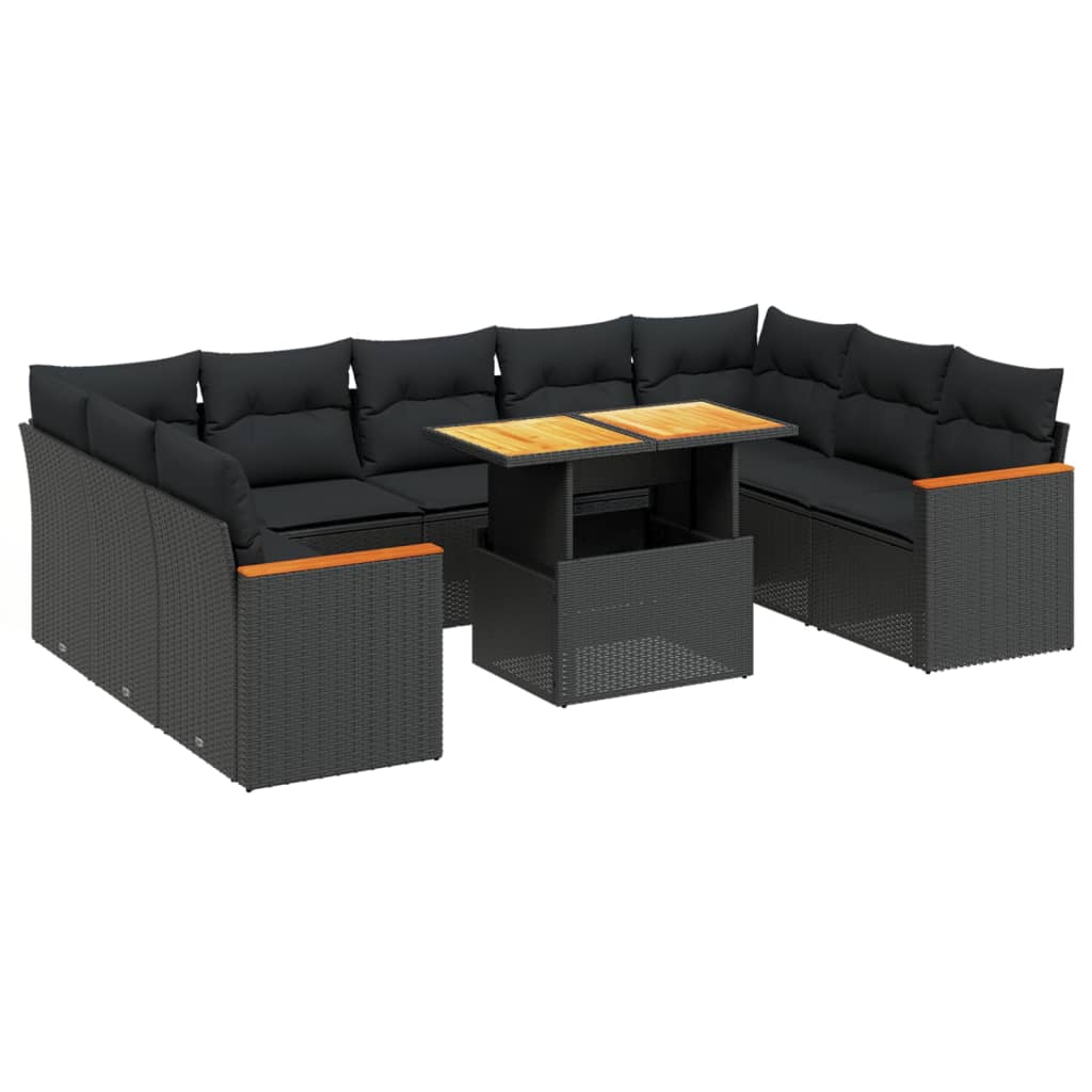 10-tlg. Garten-Sofagarnitur mit Kissen Schwarz Poly Rattan