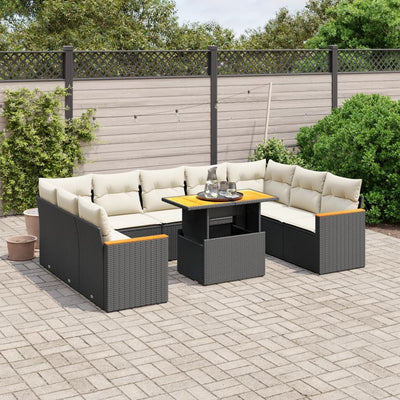 10-tlg. Garten-Sofagarnitur mit Kissen Schwarz Poly Rattan