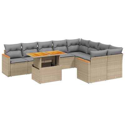 10-tlg. Garten-Sofagarnitur mit Kissen Beige Poly Rattan