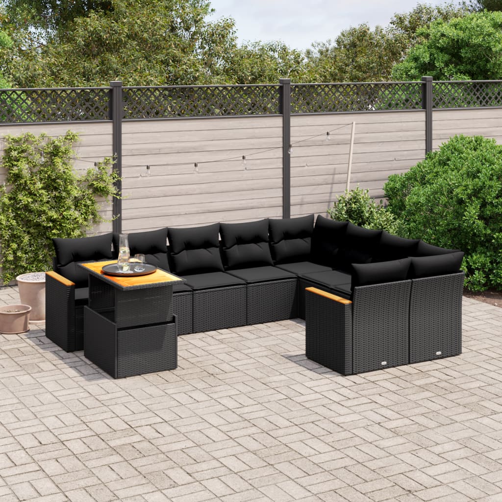 10-tlg. Garten-Sofagarnitur mit Kissen Schwarz Poly Rattan