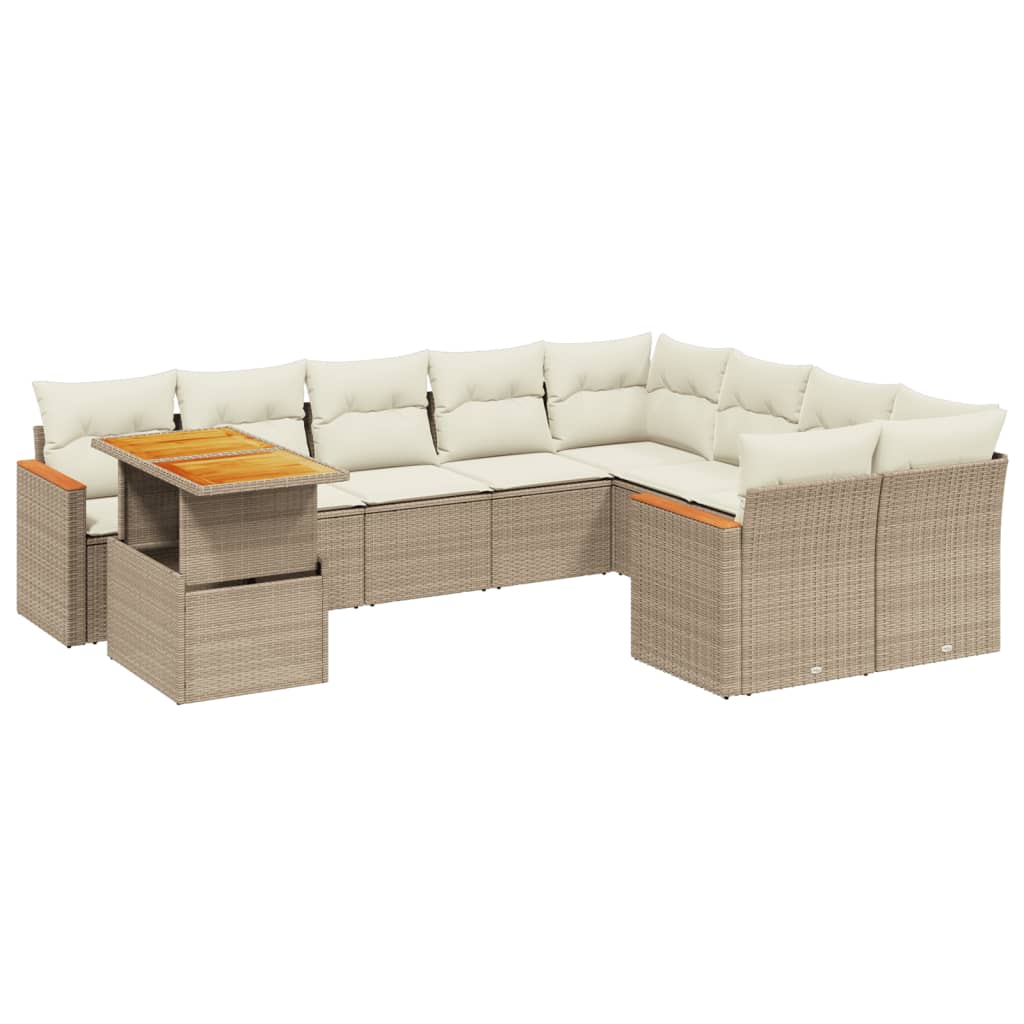 10-tlg. Garten-Sofagarnitur mit Kissen Beige Poly Rattan