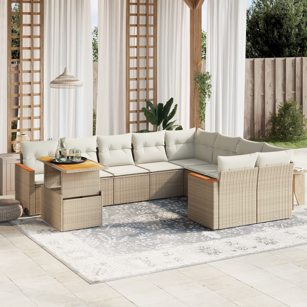 10-tlg. Garten-Sofagarnitur mit Kissen Beige Poly Rattan