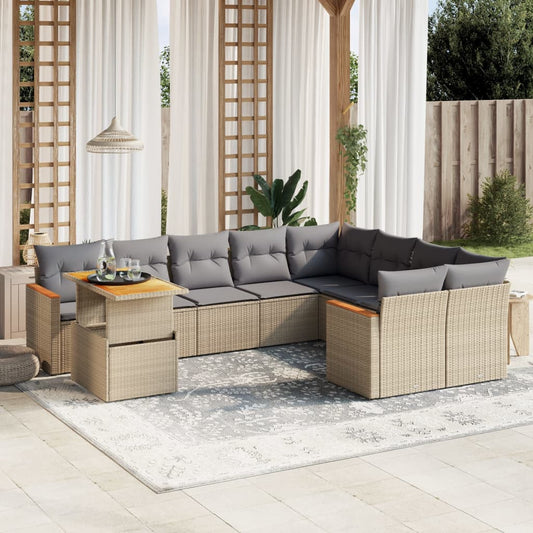 10-tlg. Garten-Sofagarnitur mit Kissen Beige Poly Rattan