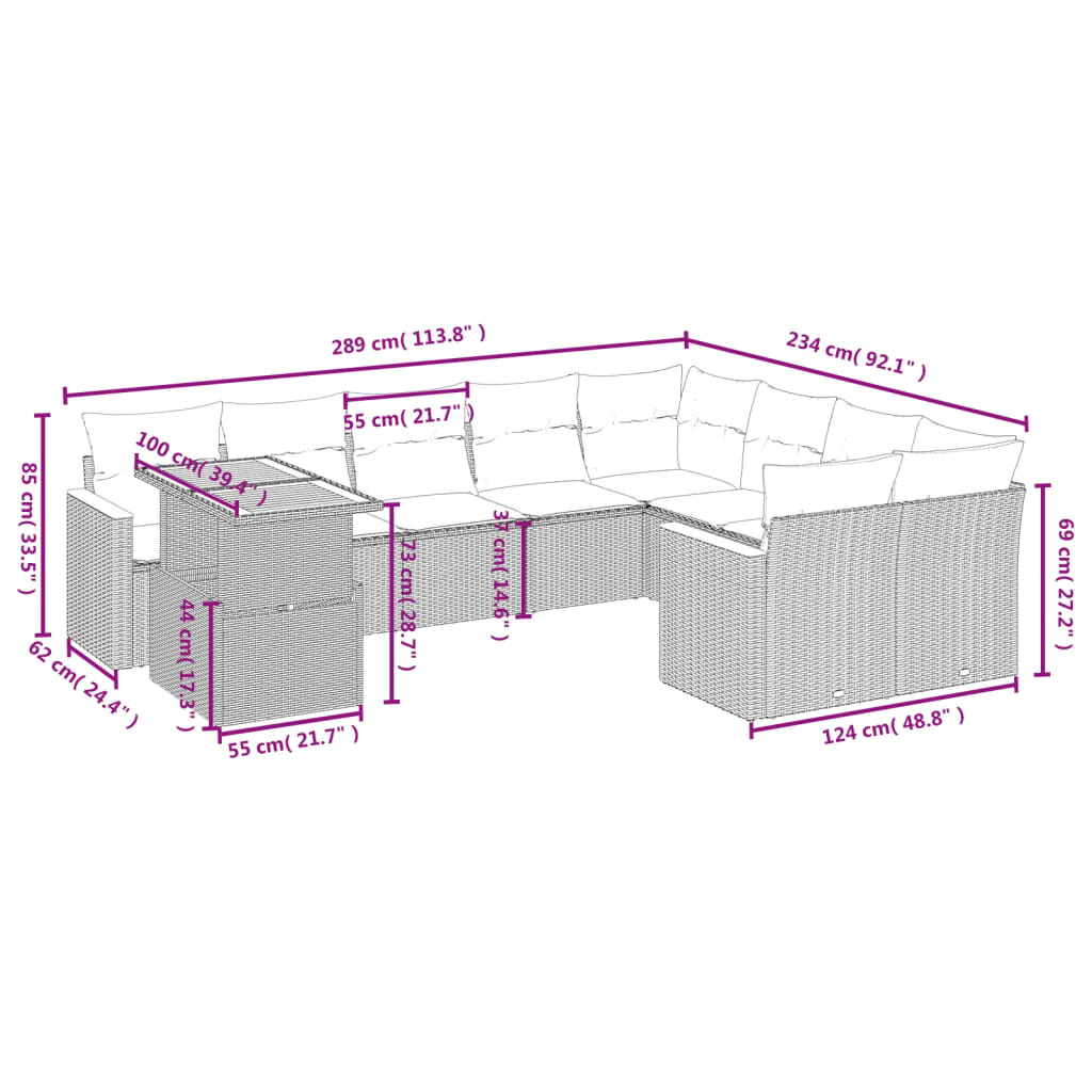 10-tlg. Garten-Sofagarnitur mit Kissen Grau Poly Rattan