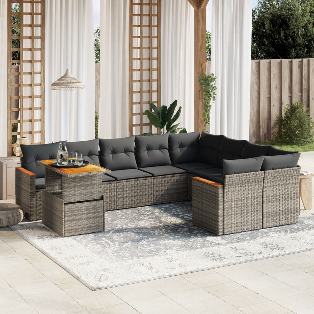 10-tlg. Garten-Sofagarnitur mit Kissen Grau Poly Rattan