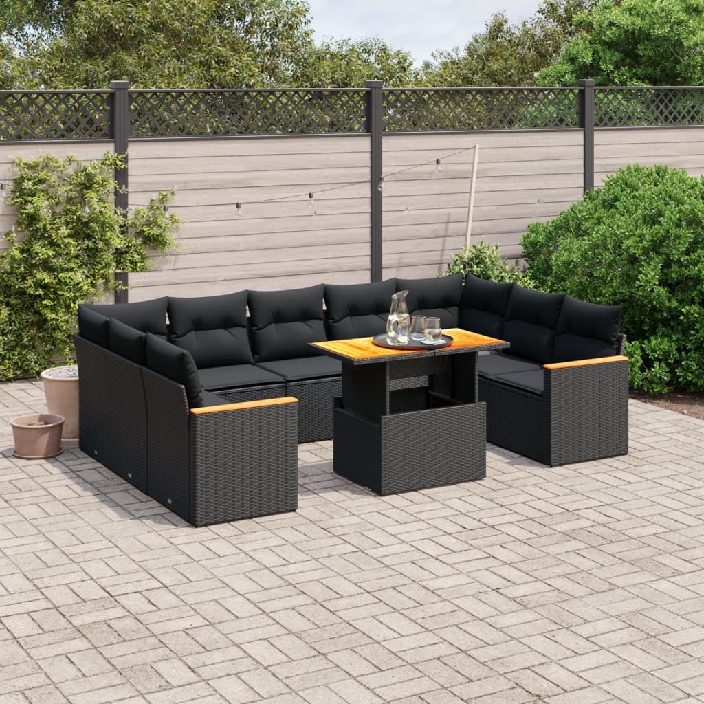 11-tlg. Garten-Sofagarnitur mit Kissen Schwarz Poly Rattan