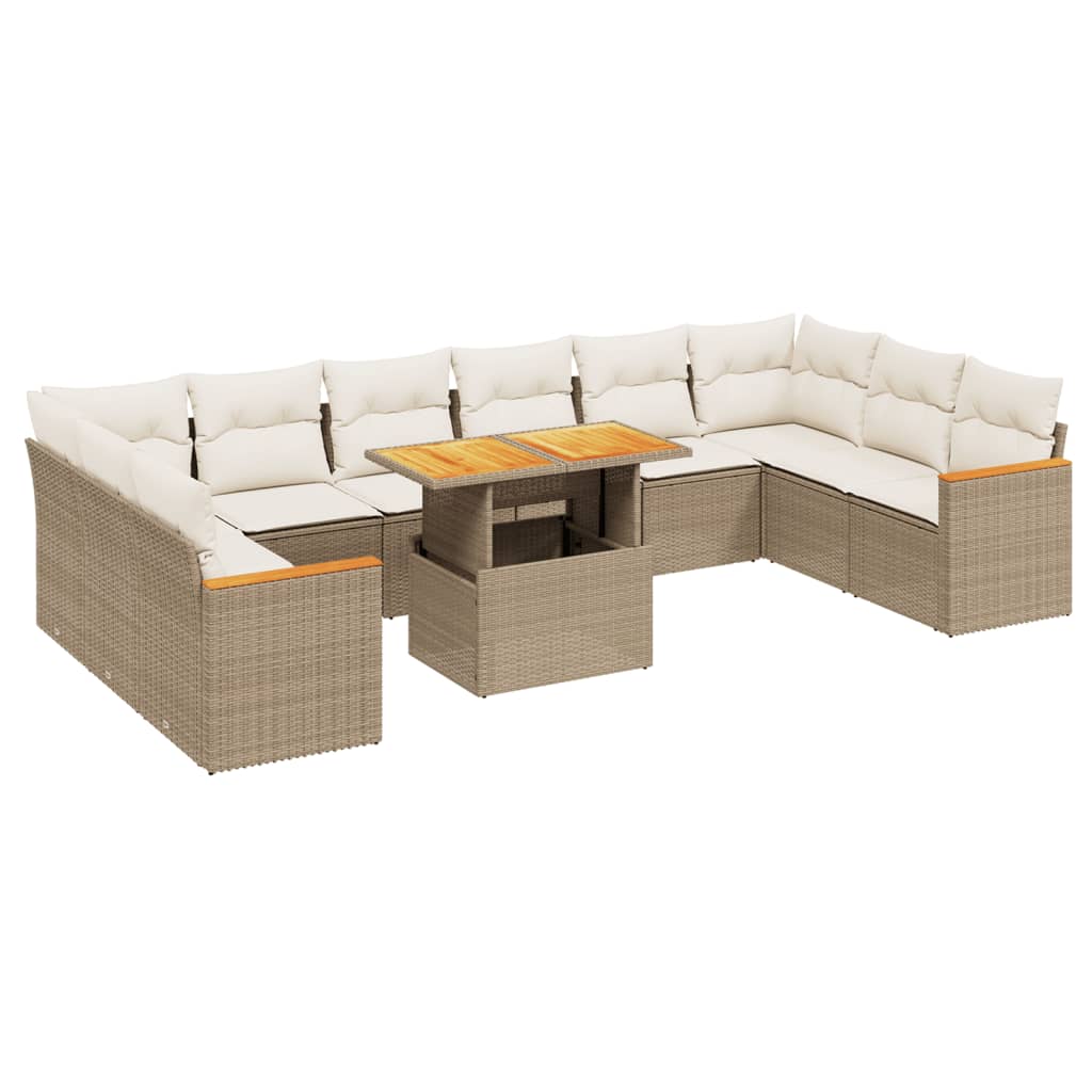 11-tlg. Garten-Sofagarnitur mit Kissen Beige Poly Rattan