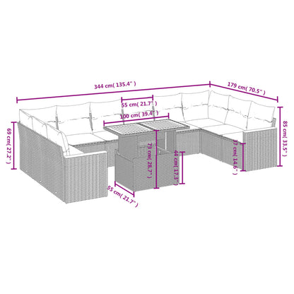 11-tlg. Garten-Sofagarnitur mit Kissen Grau Poly Rattan