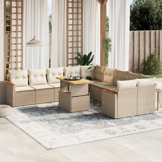 11-tlg. Garten-Sofagarnitur mit Kissen Beige Poly Rattan