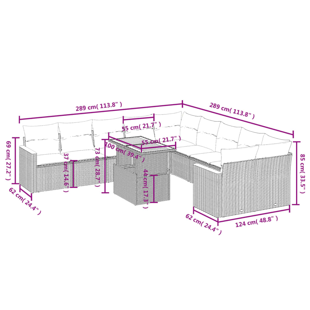 11-tlg. Garten-Sofagarnitur mit Kissen Grau Poly Rattan