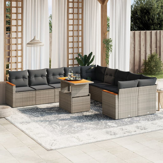 11-tlg. Garten-Sofagarnitur mit Kissen Grau Poly Rattan