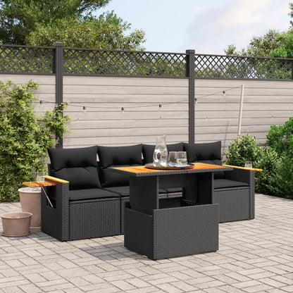 5-tlg. Garten-Sofagarnitur mit Kissen Schwarz Poly Rattan