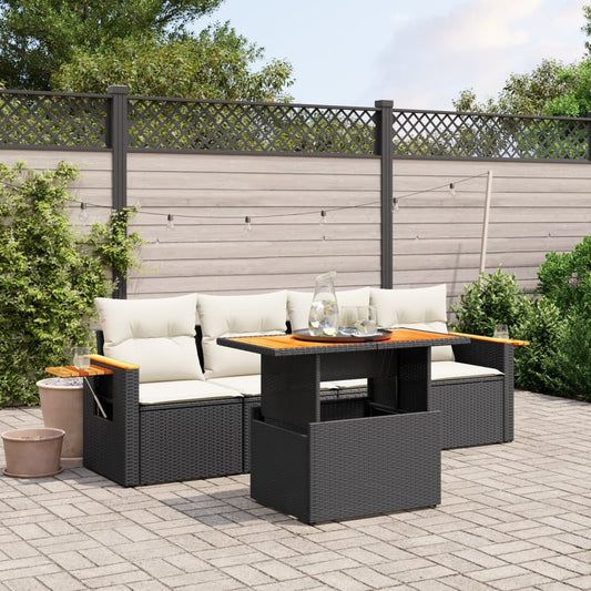 5-tlg. Garten-Sofagarnitur mit Kissen Schwarz Poly Rattan