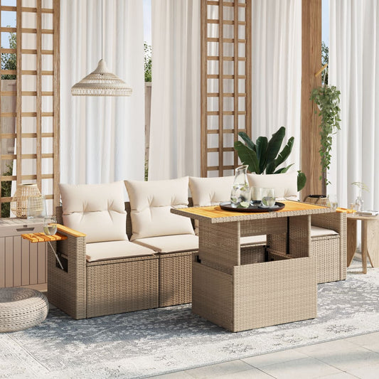 5-tlg. Garten-Sofagarnitur mit Kissen Beige Poly Rattan