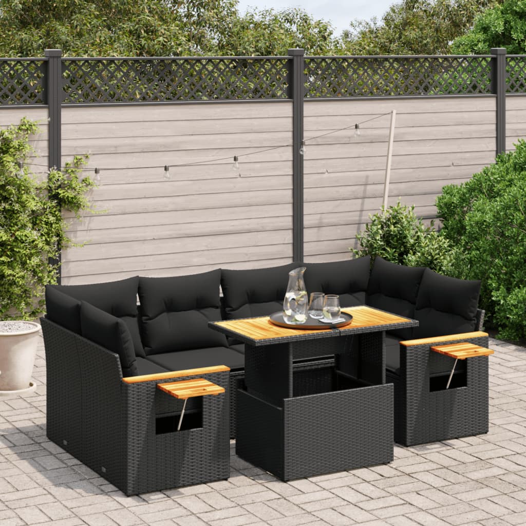 7-tlg. Garten-Sofagarnitur mit Kissen Schwarz Poly Rattan