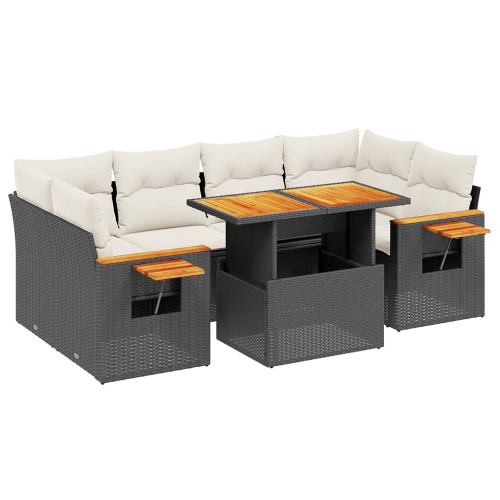 7-tlg. Garten-Sofagarnitur mit Kissen Schwarz Poly Rattan