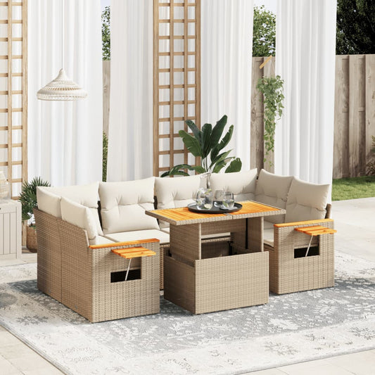 7-tlg. Garten-Sofagarnitur mit Kissen Beige Poly Rattan