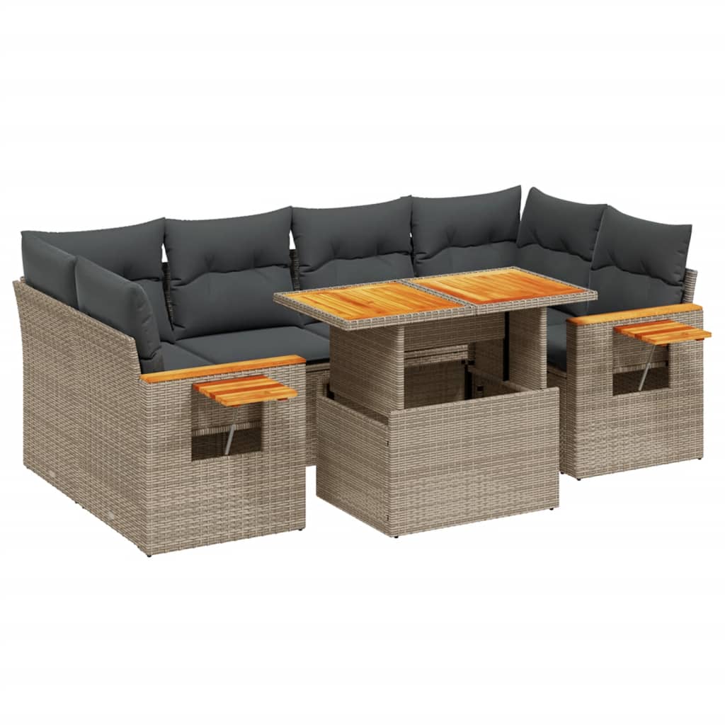 7-tlg. Garten-Sofagarnitur mit Kissen Grau Poly Rattan