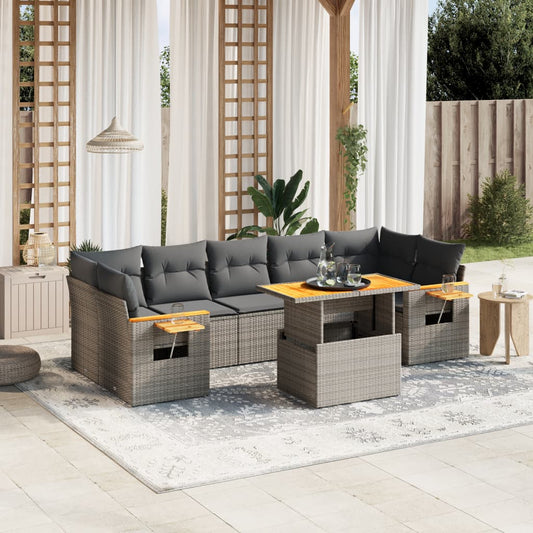 8-tlg. Garten-Sofagarnitur mit Kissen Grau Poly Rattan