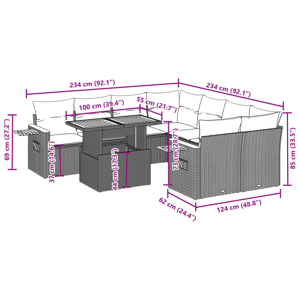 9-tlg. Garten-Sofagarnitur mit Kissen Schwarz Poly Rattan