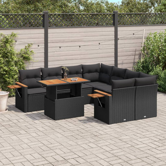 9-tlg. Garten-Sofagarnitur mit Kissen Schwarz Poly Rattan