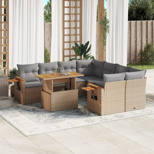 9-tlg. Garten-Sofagarnitur mit Kissen Beige Poly Rattan